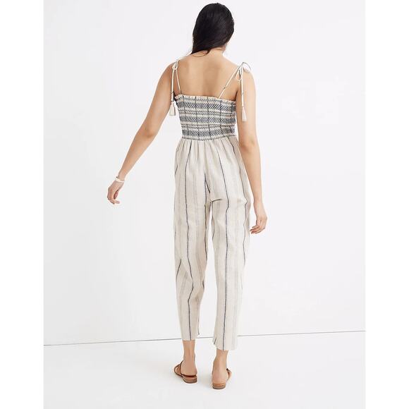 Madewell Jumpsuit Smocked Cami Linen Striped Summer Coastal Neutral Cream Gray - Picture 3 of 14
